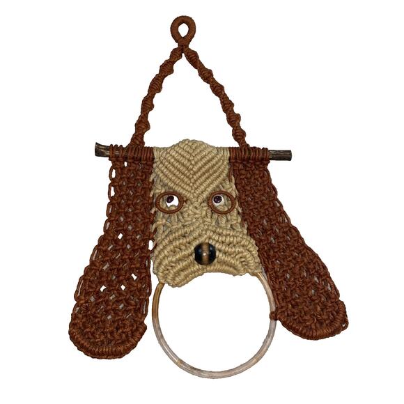 VTG 70s Retro Handmade Macrame Guest Towel Holder DOG Embellishment - Picture 1 of 11